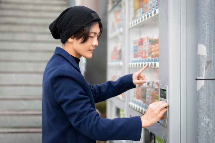 jovem rapaz utiliza uma vending machine, uma modalidade de loja de conveniência em condomínios