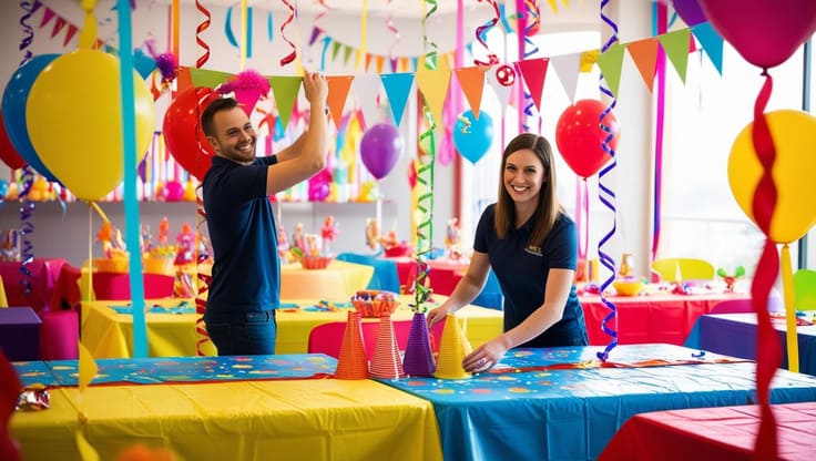 dois funcionários trabalham na decoração de um salão de festas para um festa de carnaval