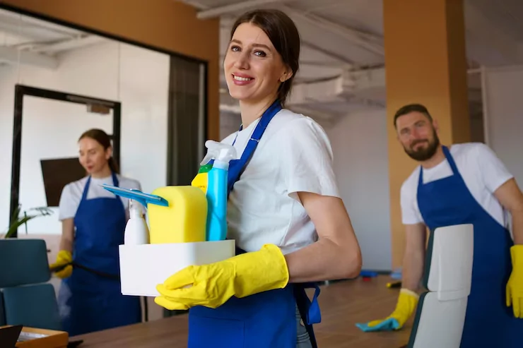 equipe de limpeza em ambiente comercial